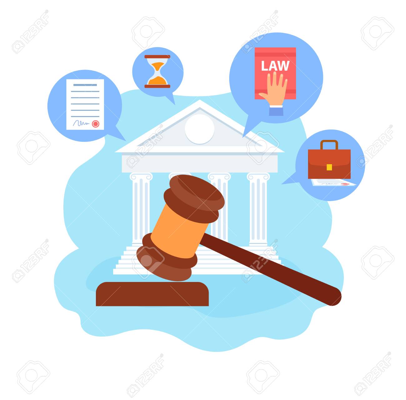 Escuela de Derecho, Ilustración de Vector de dibujos animados de curso.  Mano en libro legal. Martillo de madera, símbolo de la justicia del  martillo. Abogado, Defensor de la empresa. Firma de abogado.