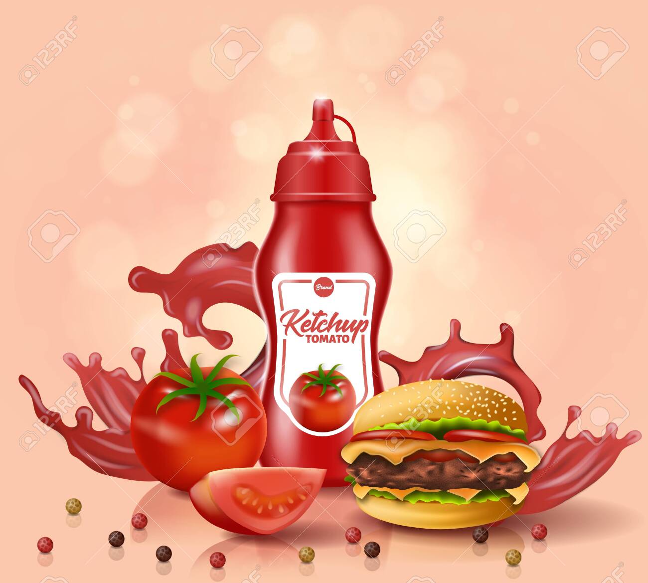 Ketchup Bottle Stand near Fresh Tomato, Burger with Scattered Bell Pepper on Table Surface, with Red Sauce Splash on Pink Background. Advertising Promo for Fast Food, 3D Vector Realistic Illustration - 128748202 Ketchup Bottle Stand near Fresh Tomato, Burger with Scattered Bell Pepper on Table Surface, with Red Sauce Splash on Pink Background. Advertising Promo for Fast Food, 3D Vector Realistic Illustration - 128748202