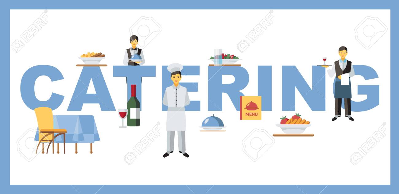 Catering Service Word Concept Banner Waiters Chef Cook Tiny