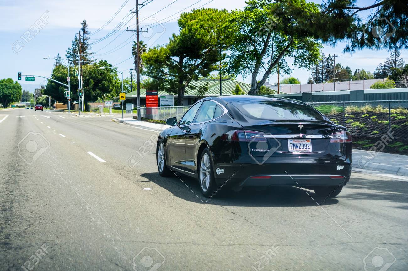 April 22 2018 Santa Clara Ca Usa Black Tesla Model S Driving
