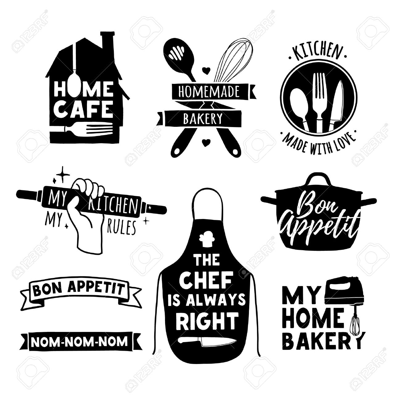 Set of vintage retro badges, labels and elements, retro symbols for bakery shop, cooking club, cafe, food studio or home cooking. Template with silhouette cutlery. - 63113913 Set of vintage retro badges, labels and elements, retro symbols for bakery shop, cooking club, cafe, food studio or home cooking. Template with silhouette cutlery. - 63113913