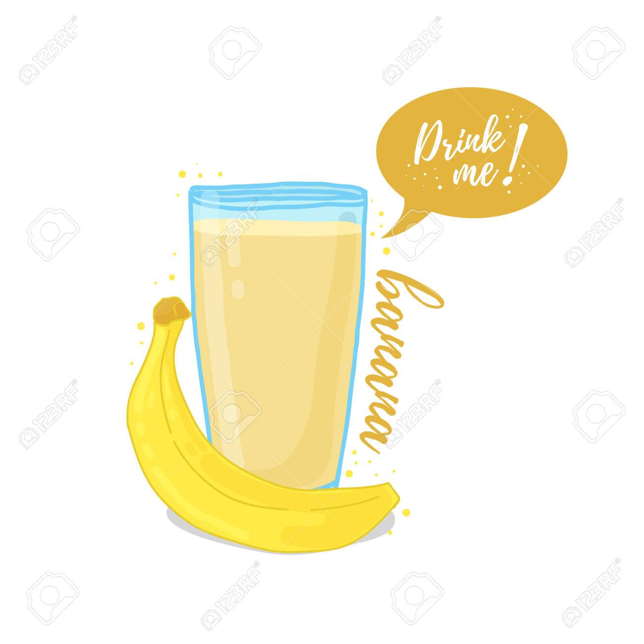 デザイン テンプレート ポスター アイコン バナナのスムージー バナナ ジュースのイラストは私を飲みます 健康的な生活のために熱帯のバナナ ジュース を絞りたて 落書きかわいいスタイルにジュースのガラス のイラスト素材 ベクタ Image