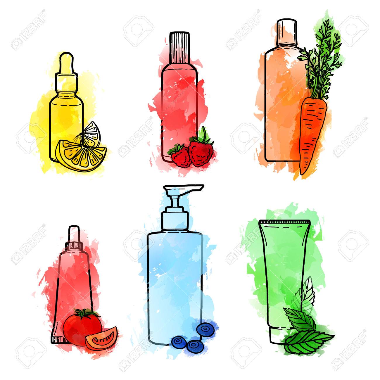 スキンケアのためのオーガニック化粧品の描画のを設定します 化粧品ボトル 水彩テクスチャ パッケージの落書き 血清 クリーム 天然成分に強壮剤のボトル のイラスト素材 ベクタ Image