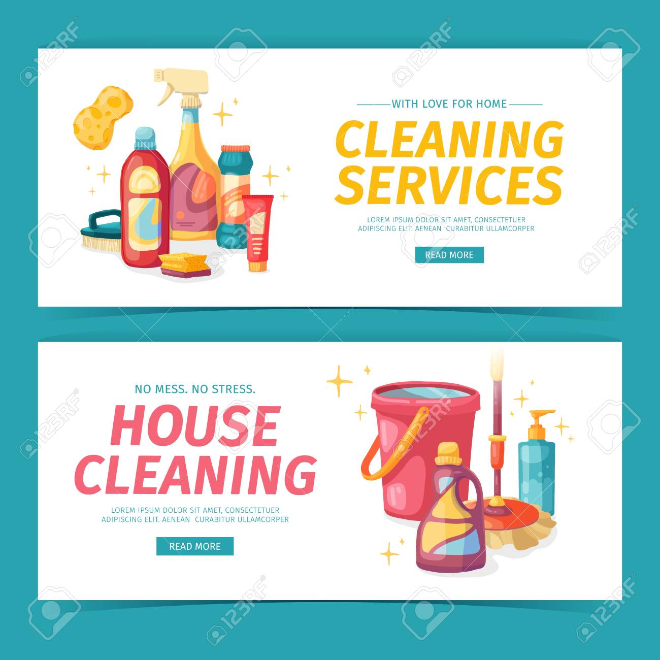 Set design banner House cleaning with cleaning products. Cartoon..