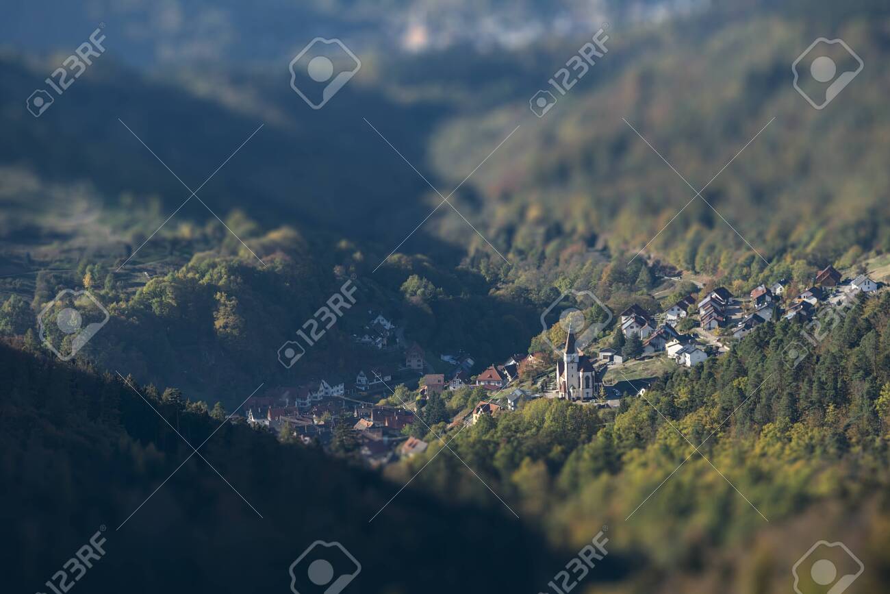 aerial view over a small village in the black forest with intentional tilt-shift blur - 132456309 aerial view over a small village in the black forest with intentional tilt-shift blur - 132456309