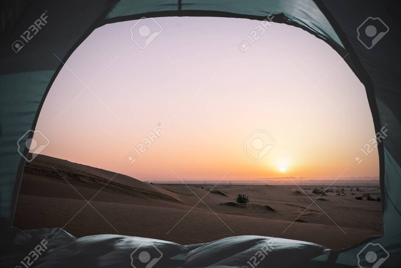 view out of a tent situated in the desert, tourism concept - 132456321 view out of a tent situated in the desert, tourism concept - 132456321