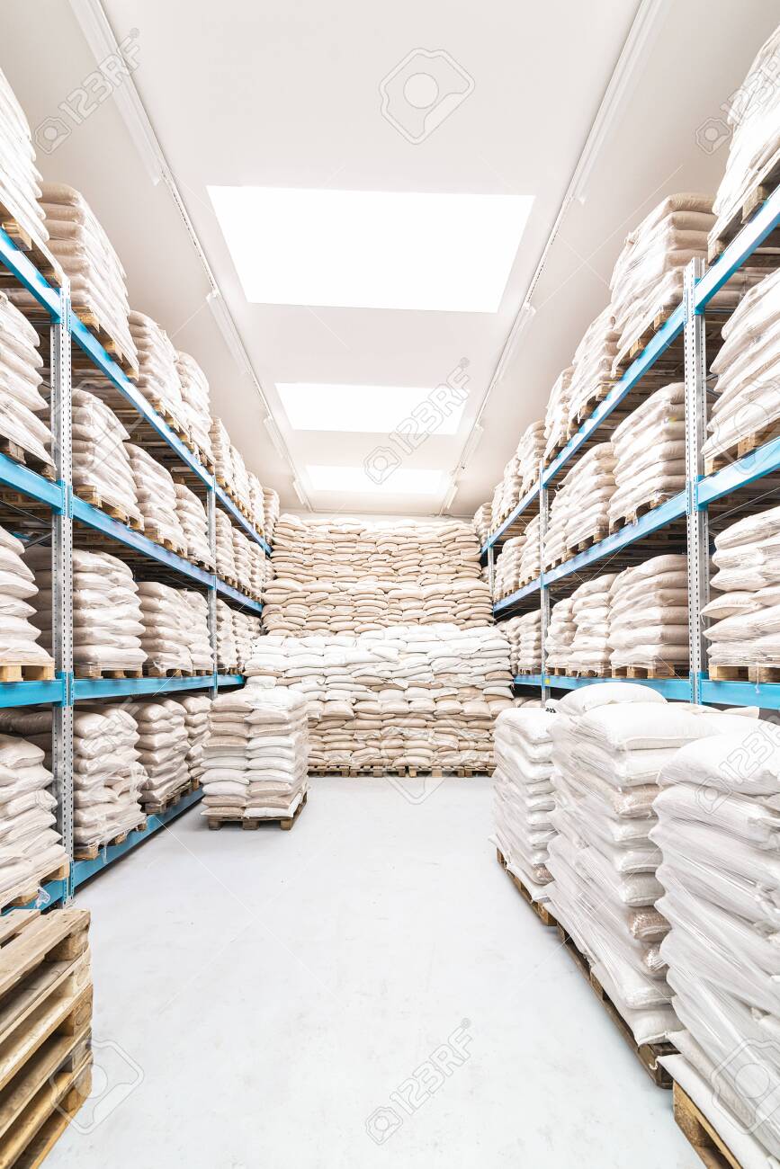 clean and open warehouse stacked with white sacks - 132456077 clean and open warehouse stacked with white sacks - 132456077