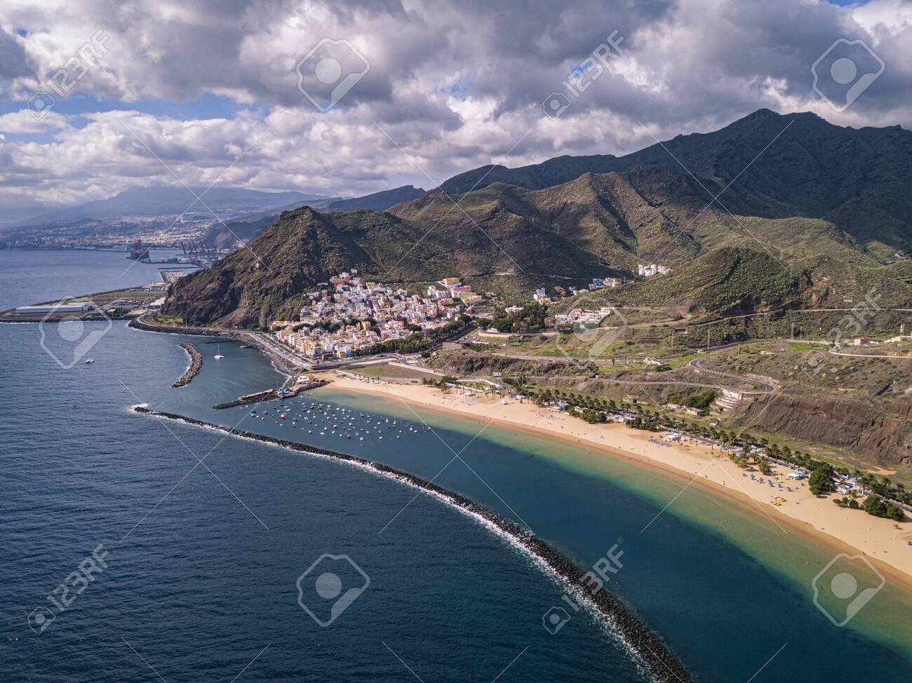 Aerial view of the famous white sand beach Playa de Las Teresitas with scenic San Andres village. Tenerife, Canary Islands, Spain - 137602605 Aerial view of the famous white sand beach Playa de Las Teresitas with scenic San Andres village. Tenerife, Canary Islands, Spain - 137602605