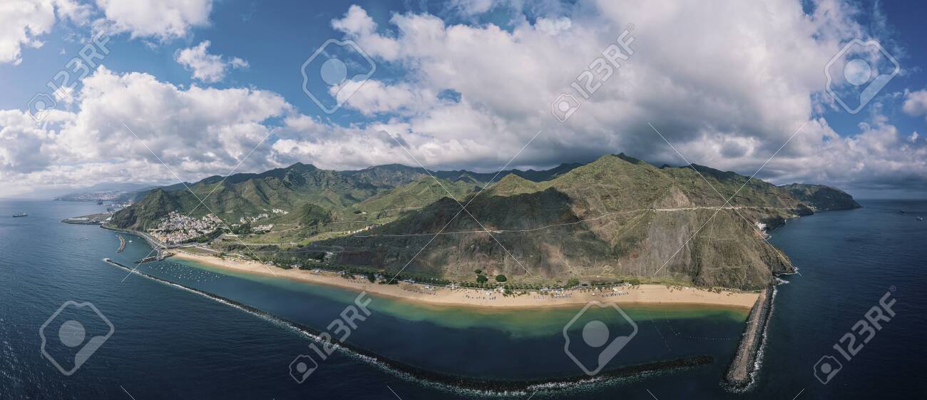 Aerial view of the famous white sand beach Playa de Las Teresitas with scenic San Andres village. Tenerife, Canary Islands, Spain - 137602236 Aerial view of the famous white sand beach Playa de Las Teresitas with scenic San Andres village. Tenerife, Canary Islands, Spain - 137602236