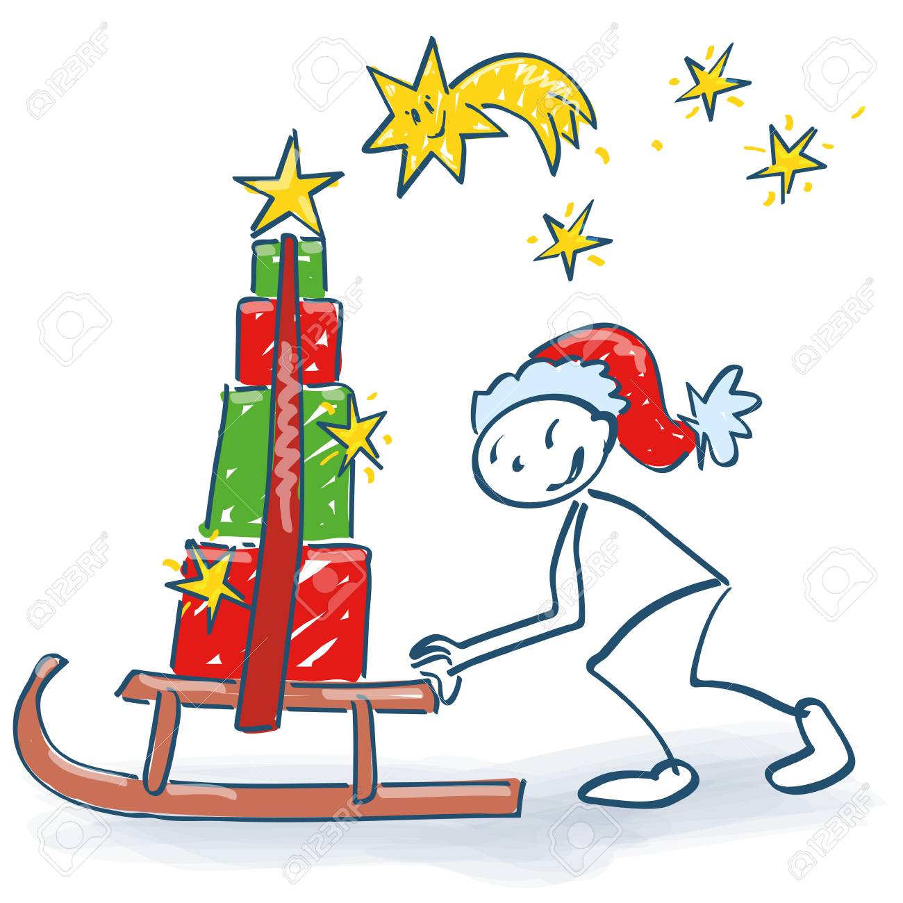 stick figure as santa with a sleigh slides many christmas packages