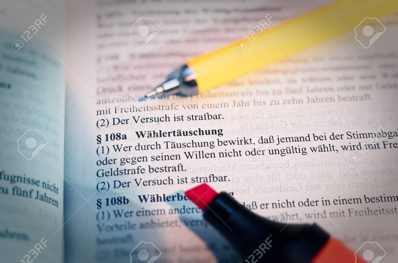 Legal text with § 108a StGB German law Wählertäuschung in English Voter deception with pen and highlighter - 142834832 Legal text with § 108a StGB German law Wählertäuschung in English Voter deception with pen and highlighter - 142834832