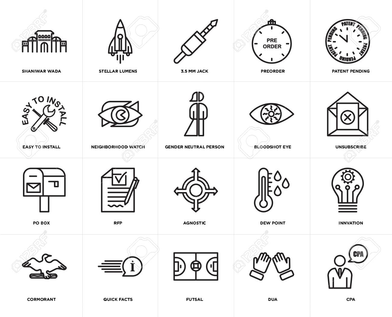 Cpa, 구독 취소, 특허 출원 중, 선주문, 가마우지, 스텔라 루멘, 이슬점, 설치하기 쉬운, 웹 UI 아이콘 팩, 완벽한 픽셀과  같은 20개의 간단한 편집 가능한 아이콘 세트 로열티 무료 사진, 그림, 이미지 그리고