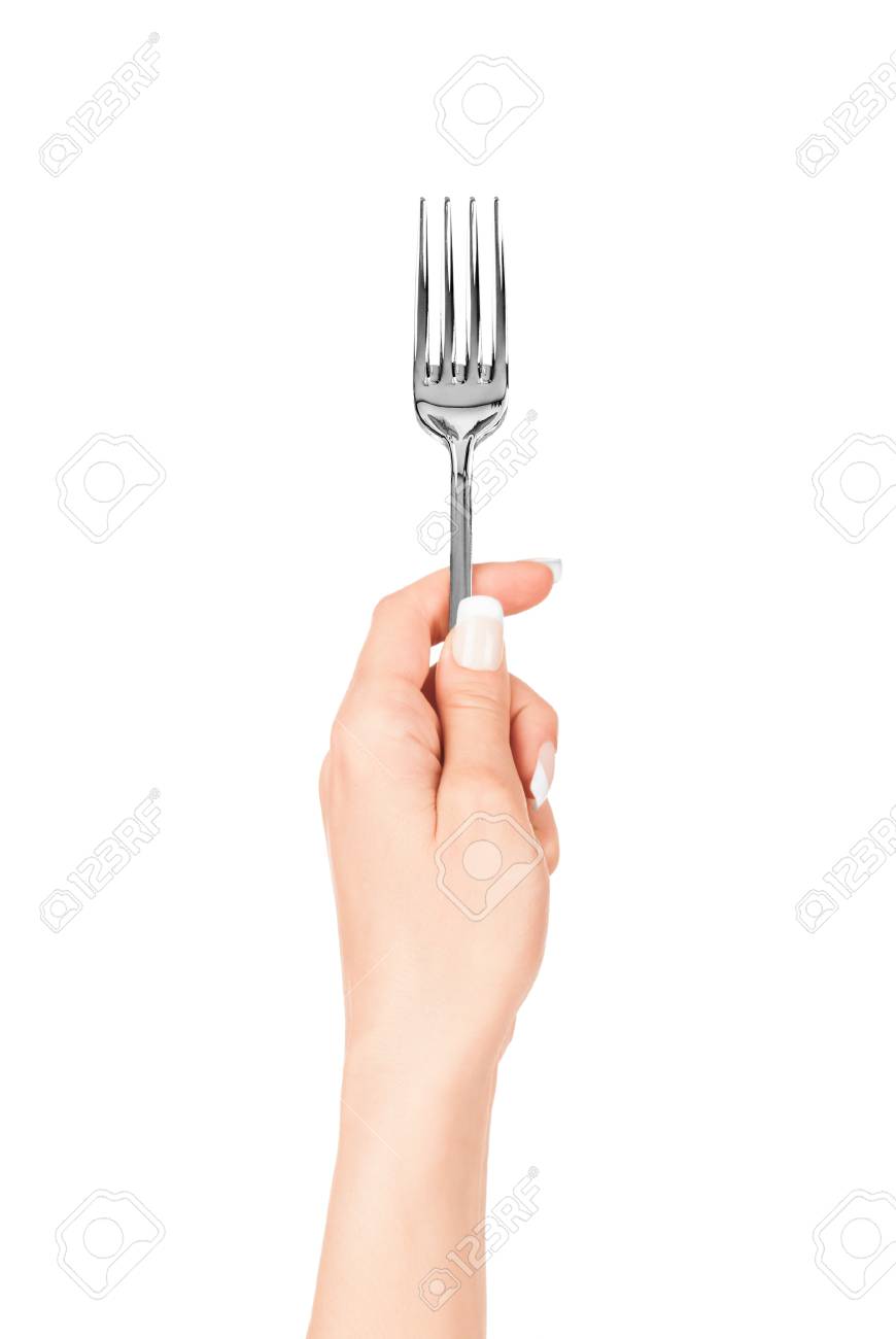 白い背景で隔離のフォークを持つ手 の写真素材 画像素材 Image