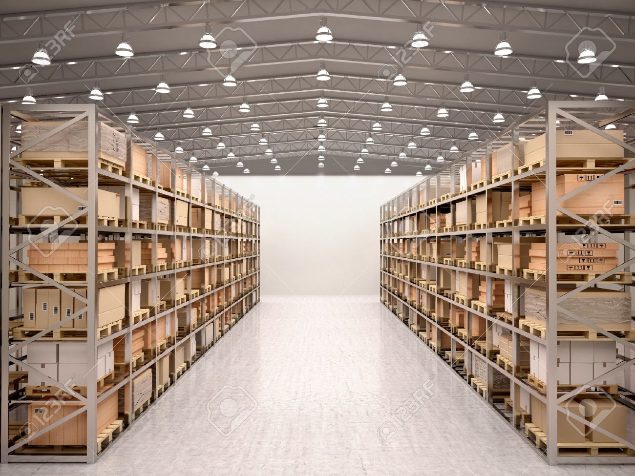 3d illustration of rows of shelves with boxes in modern warehouse