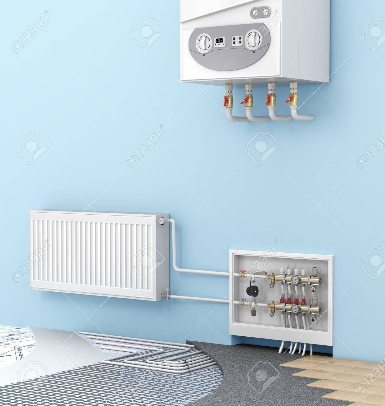 壁掛けボイラー部屋で暖かい床の概念とラジエーター 暖房 の写真素材 画像素材 Image