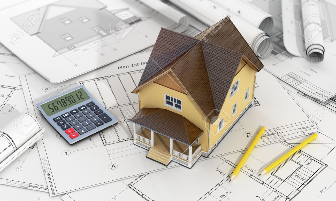 3d Render Of House With Calculator And Pencil On The Blueprints. Stock  Photo, Picture and Royalty Free Image. Image 49516331., image size:1300x779