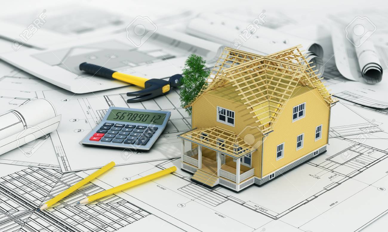 3d Render Of House In Building Process With Tree, Calculator And Pencils On  The Blurred Blueprints. Stock Photo, Picture and Royalty Free Image. Image  49516344., image size:1300x779