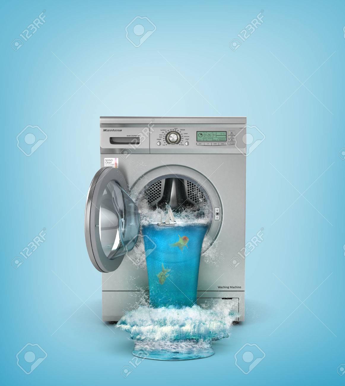 Concept of washing. Broken washing machine. The waterfall follows from open window of washing machine. 3d illustration - 60937973 Concept of washing. Broken washing machine. The waterfall follows from open window of washing machine. 3d illustration - 60937973