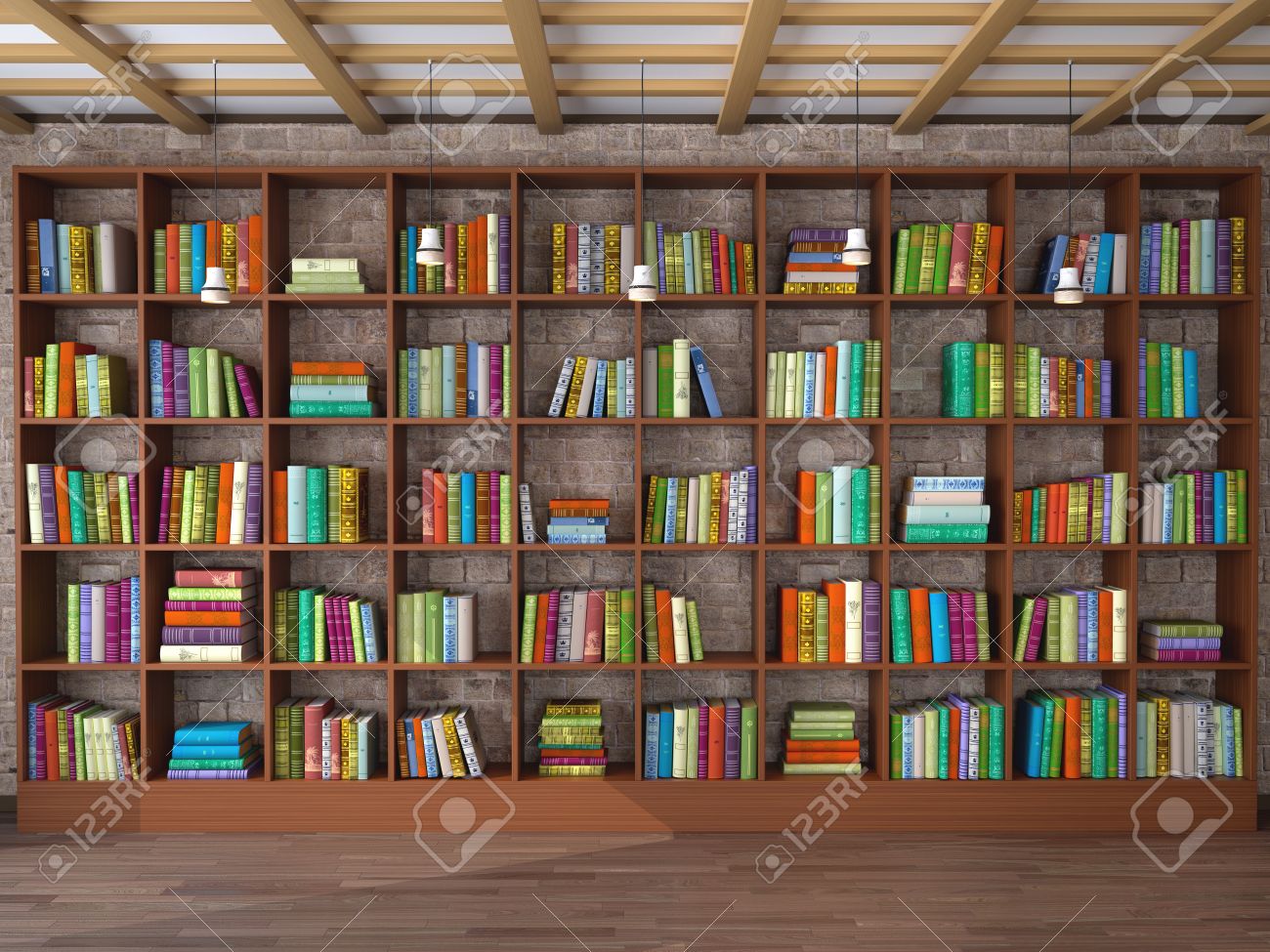 wooden shelves in the room with different books library 3d stock 3d library
