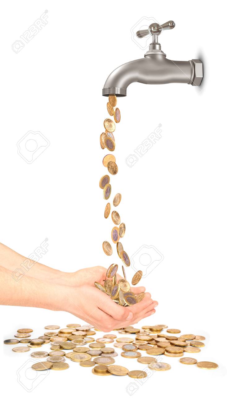 コインは手に水道の蛇口から落ちるの写真素材・画像素材 Image 78367651