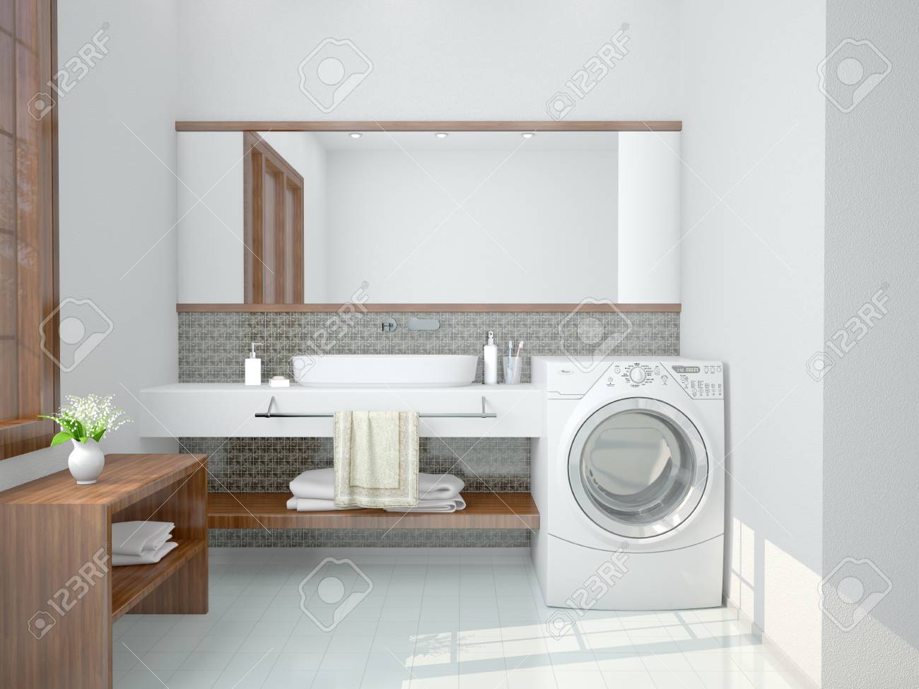 Minimalist Bathroom With A Washing Machine 3d Illustration Stock