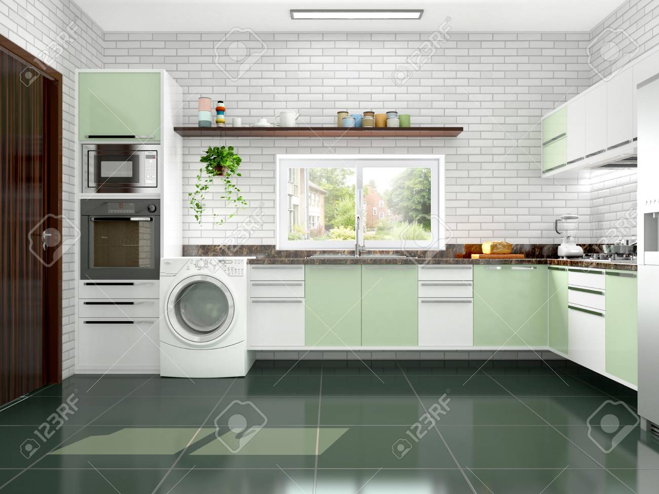Modern Interior Design Of The Kitchen With Washing Machines