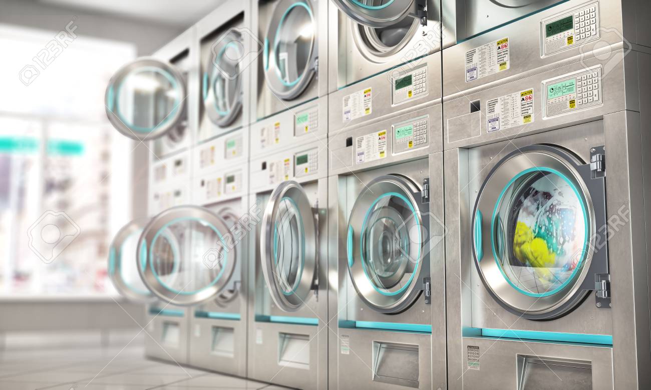 Laundry. Industrial Washing Machines In The Laundry. 3d Illustration Stock Photo, Picture And Royalty Free Image. Image 119840446.