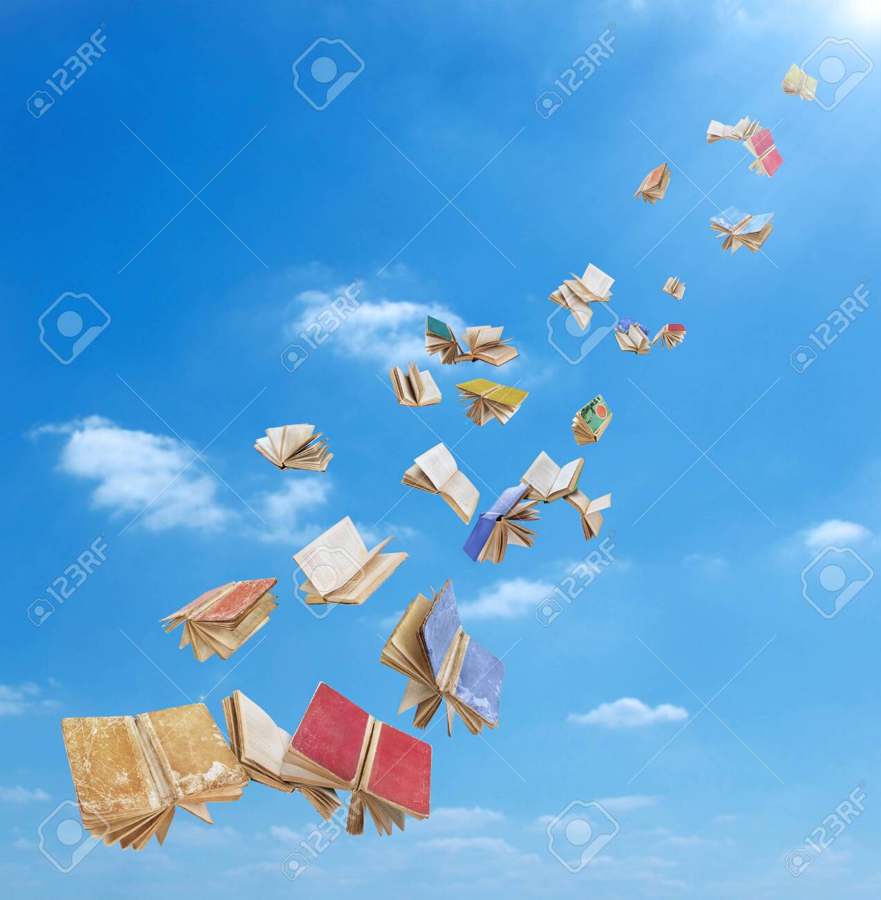 本の群れが空の背景を飛んでいるの写真素材・画像素材 Image 120415573  