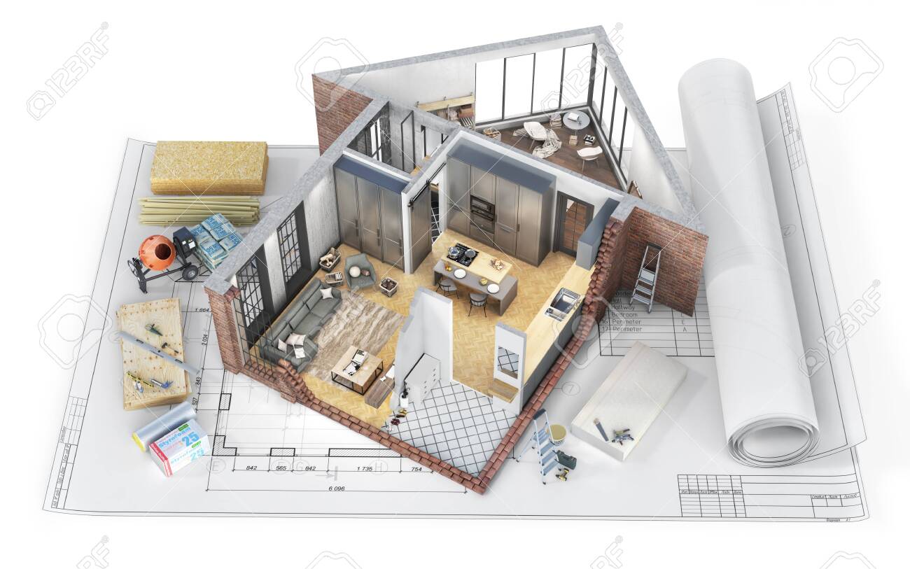Sliced House With Interior In Form Of House With Blueprints In Construction  Process On A White Background . 3d Illustration Stock Photo, Picture and  Royalty Free Image. Image 148449819., image size:1300x813