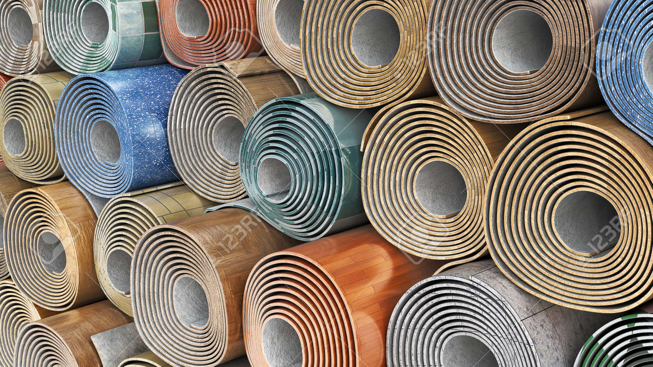 Linoleum rolls in different color schemes stacked one on another, 3d illustration - 167164800 Linoleum rolls in different color schemes stacked one on another, 3d illustration - 167164800