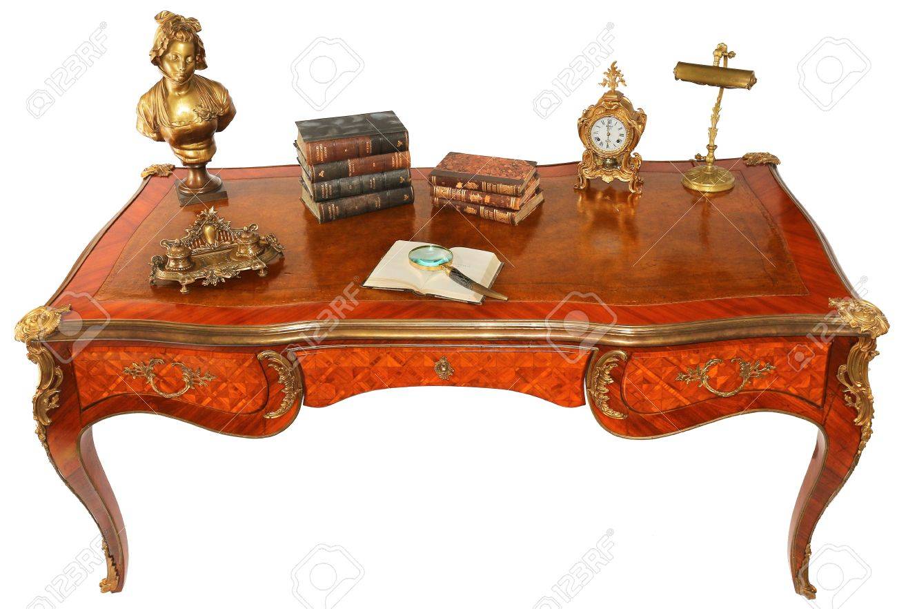 Antique Wooden Royal Writing Desk With Books, Clock, Lamp And Antique wooden royal writing desk with books, clock, lamp and some other objects isolated - Antique Wooden Royal Writing Desk With Books, Clock, Lamp And