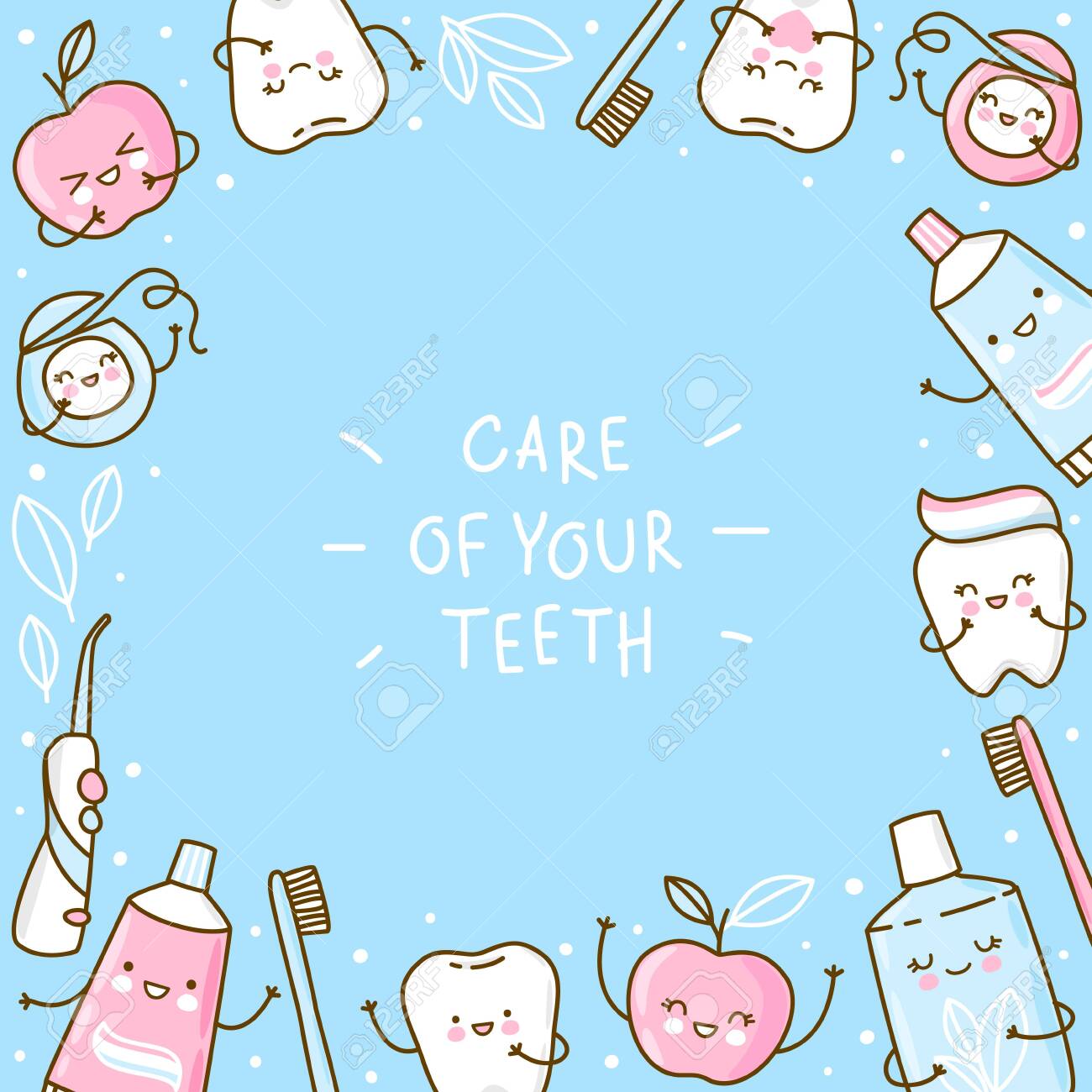 Cute Frame With Teeth And Objects For Dental Care On Blue Background -  Funny Toothpaste, Brush, Apple, Irrigator, Dental Floss And Mouthwash  Royalty Free SVG, Cliparts, Vectors, And Stock Illustration. Image  130390781.