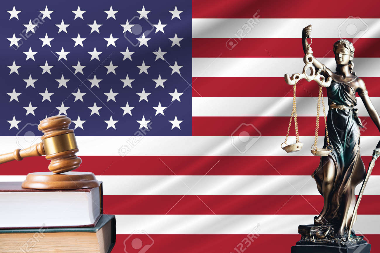 Law and justice in United States. Statue of themis and the gavel of the judge against the background of the flag of United States. Law and justice concept. - 171958758 Law and justice in United States. Statue of themis and the gavel of the judge against the background of the flag of United States. Law and justice concept. - 171958758