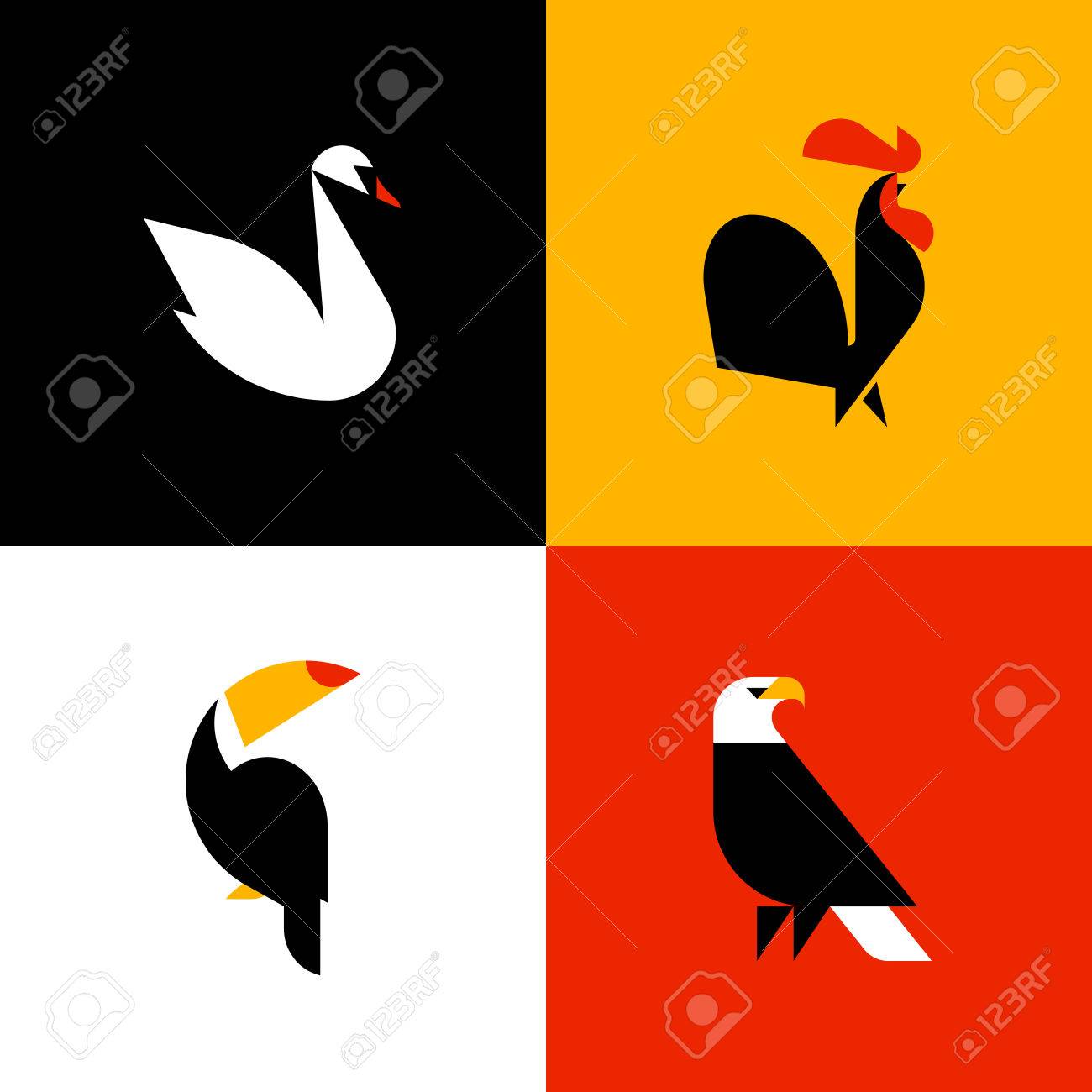 swan rooster toucan bald eagle set of flat style vector logo