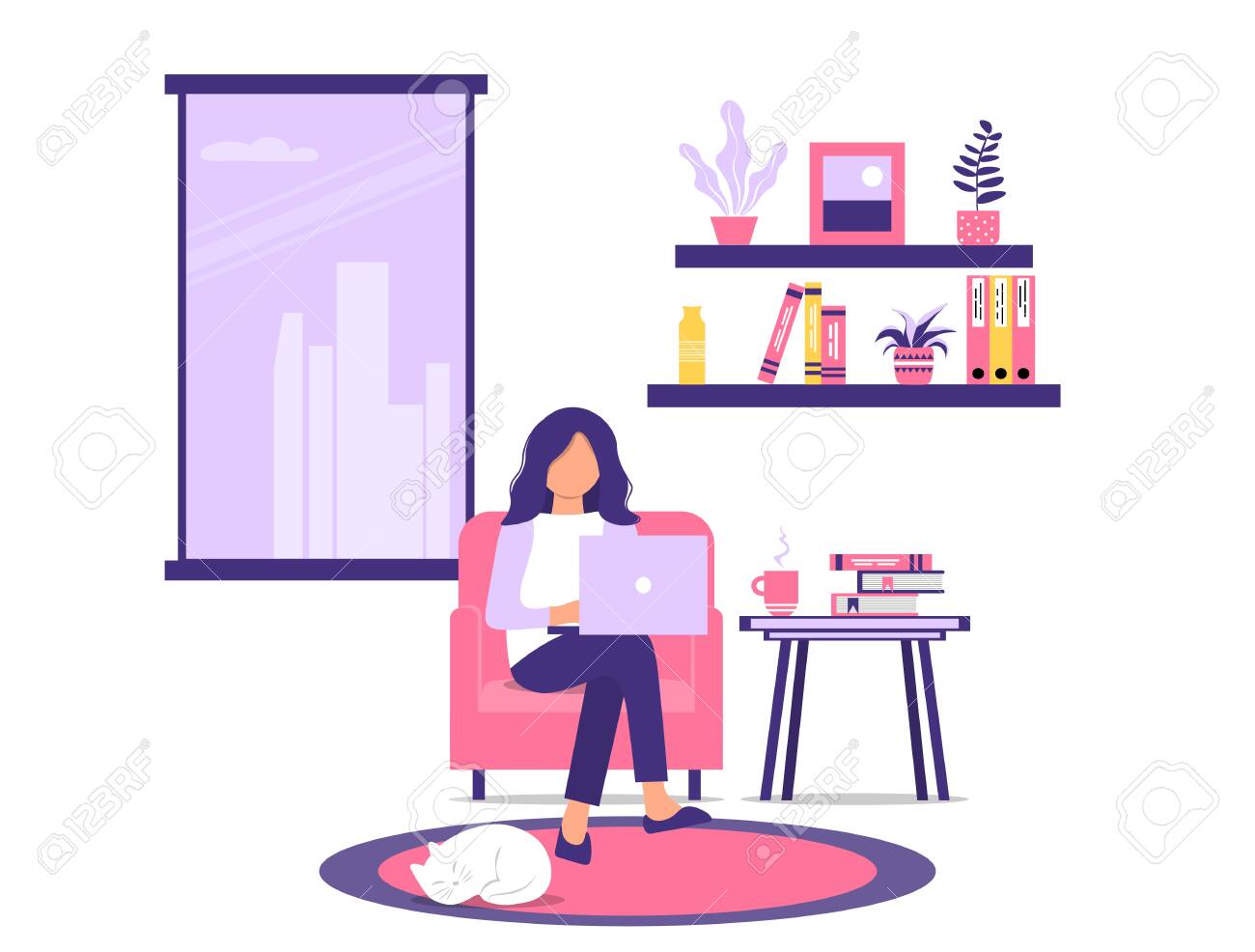 Girl In A Chair With A Laptop. Home Office. Work At Home Or Freelance.  Young Woman Working Or Studying. Freelancer Lifestyle. Vector Illustration  In A Flat Style. Free Vector and graphic 142861012., image size:1300x986