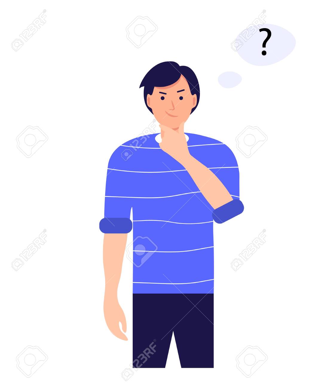 思慮深い男。スマートな人や問題解決者。思考バブルに囲まれたペンシブな若者。フラットベクター漫画のイラスト。 無料ベクター＆イラスト 147385329