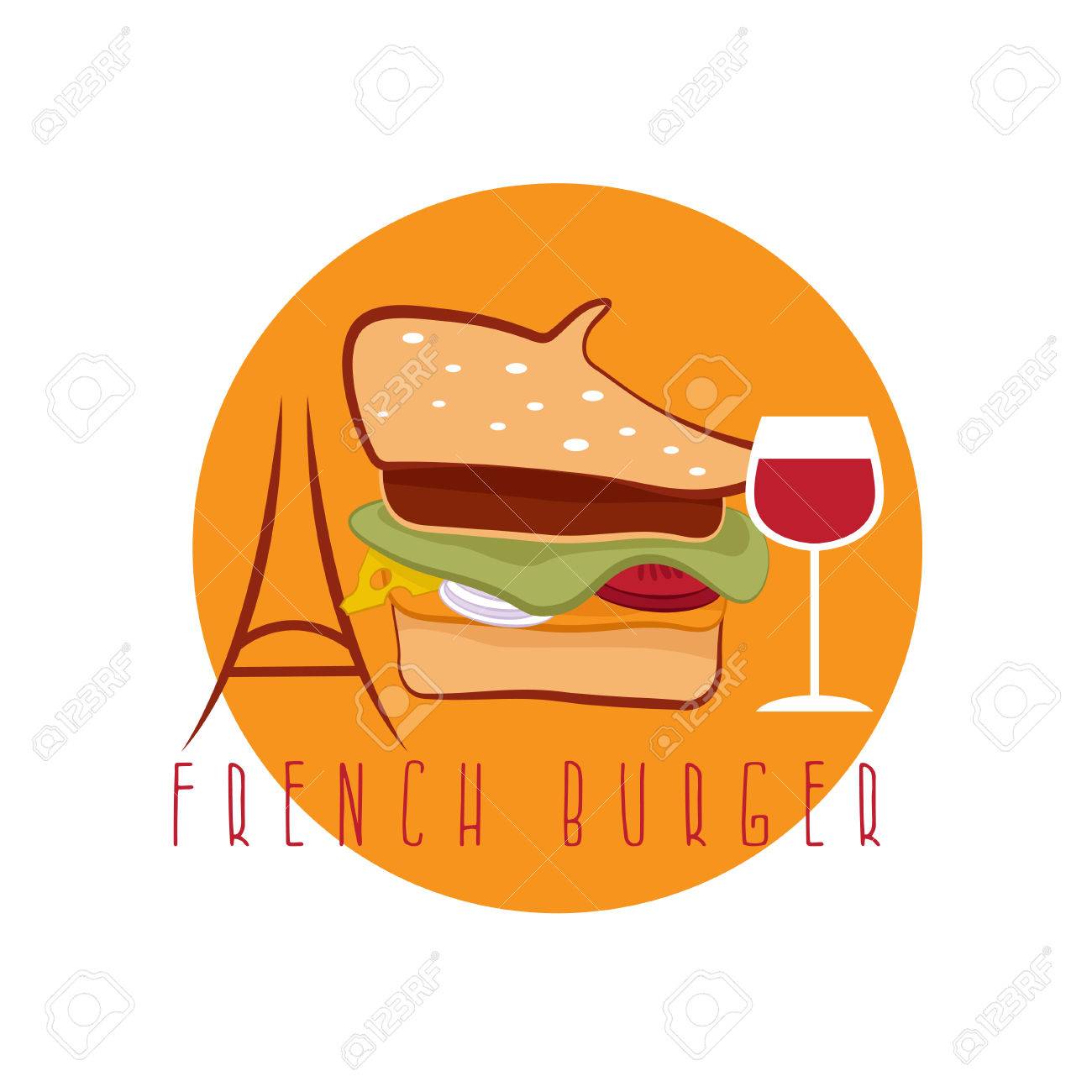 french burger concept with beret hat eiffel tower and wine vector