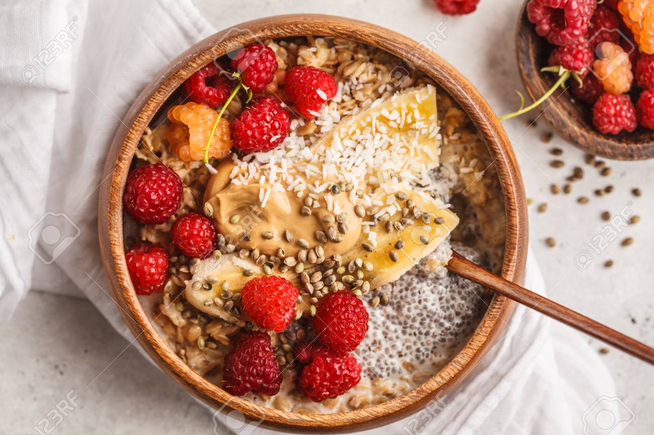 Oatmeal Porridge With Chia Seeds Berries Peanut Butter And Stock Photo Picture And Royalty Free Image Image 108520433