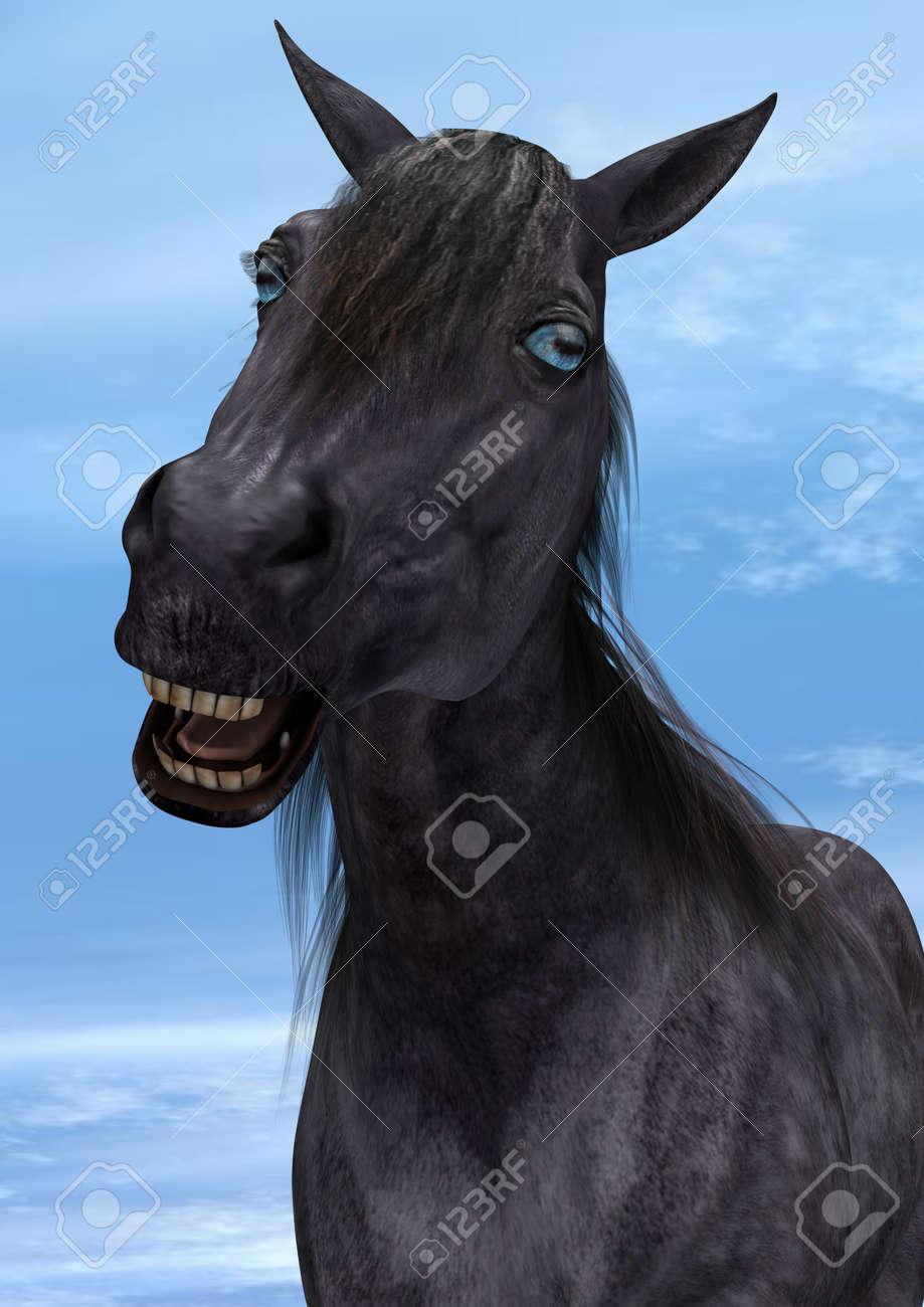 3D Digital Render Of A Cute Black Horse With Blue Eyes On Blue Sky  Background Stock Photo, Picture and Royalty Free Image. Image 21854954.