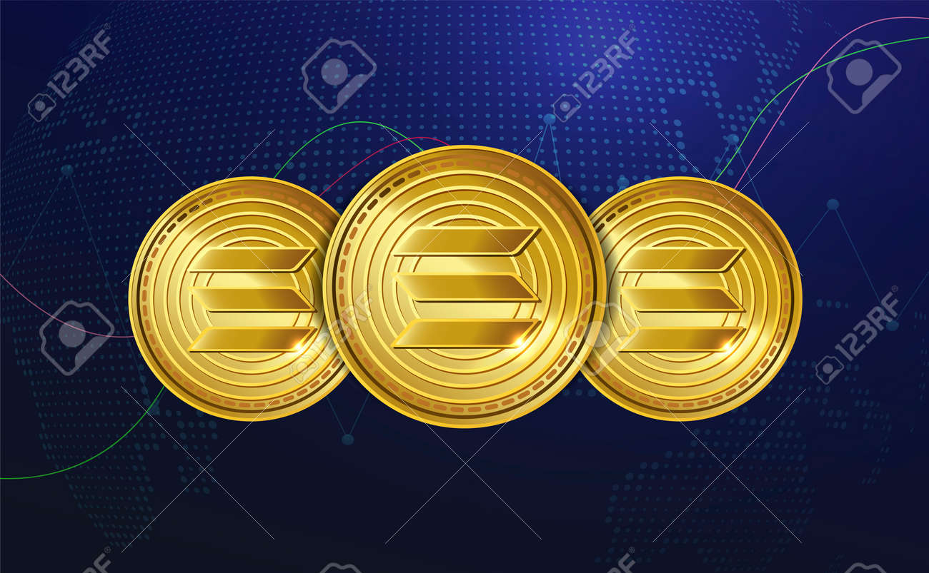 Solana SOL Token Symbol. Golden Realistic Cryptocurrency Coin On A Blue  Crypto Business Background. Digital Currency. Digital Coins. Forex. Poster.  Vector Illustration Stock Photo, Picture and Royalty Free Image. Image  182113523.