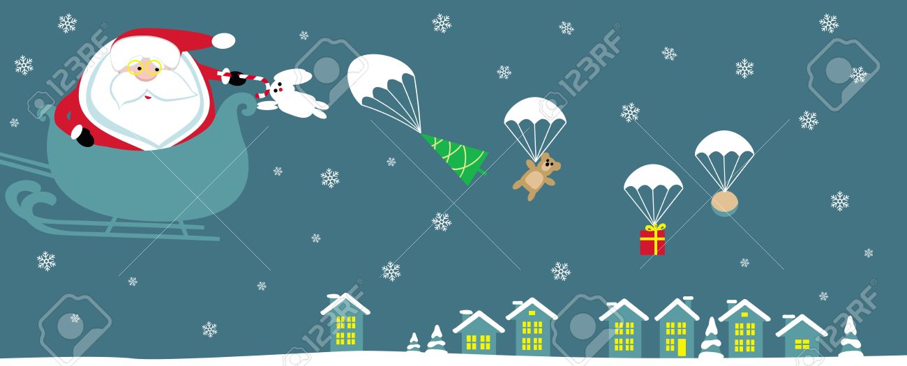 Cartoon Santa with bell in sleight dropping presents with parachutes. Vector - 11407920 Cartoon Santa with bell in sleight dropping presents with parachutes. Vector - 11407920