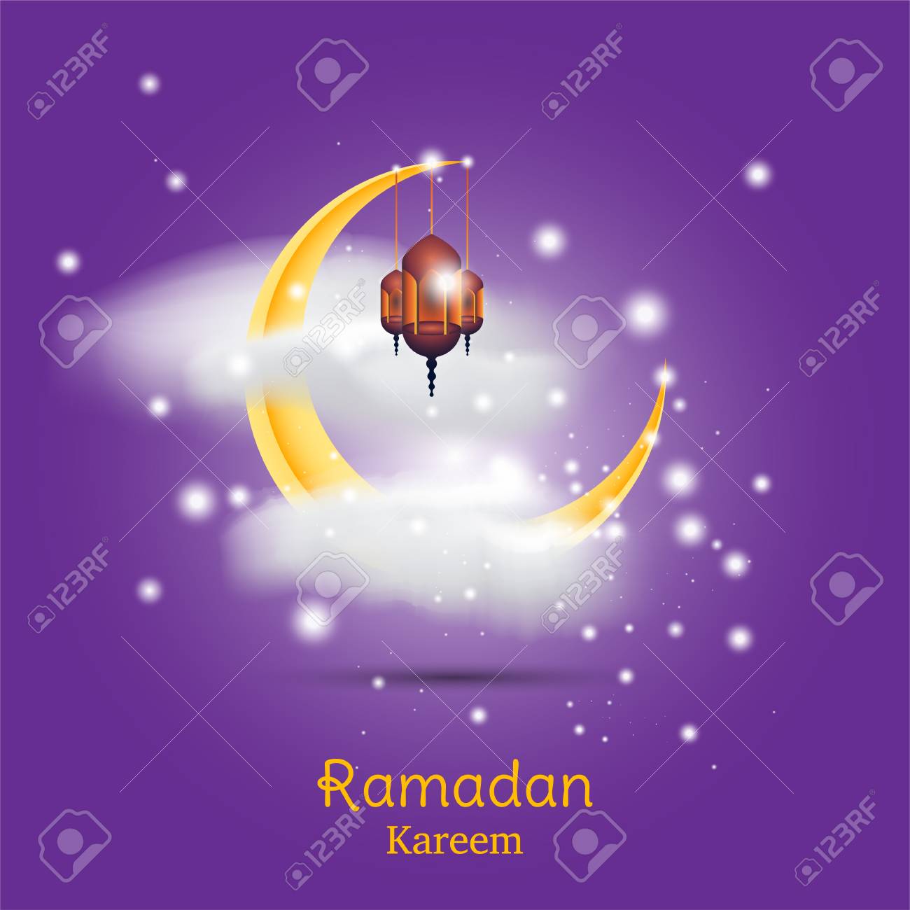 ramadan kareem greeting card template with crescent moon lamp