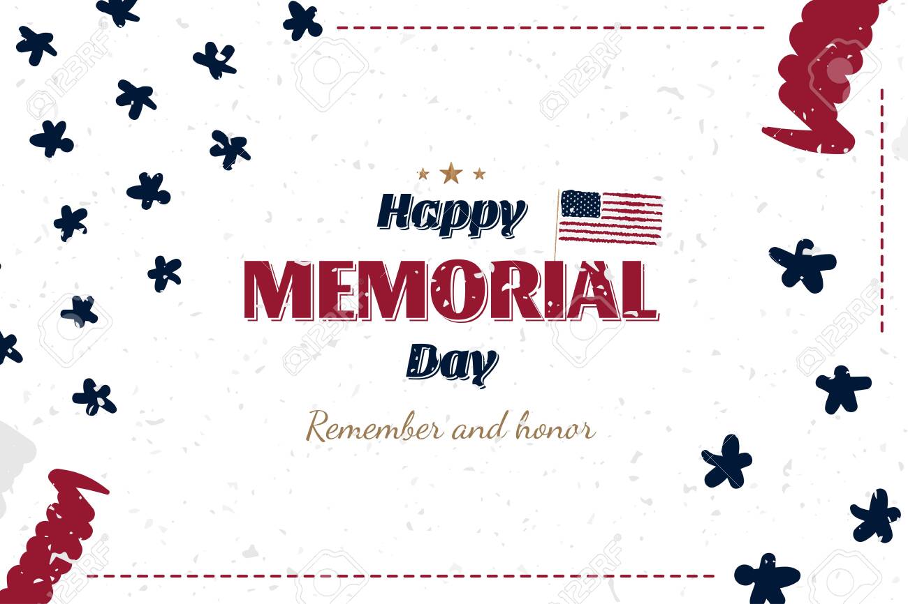 해피 메모리얼 데이. 미국 및 플래그와 함께 오래 된 빈티지 스타일의 인사말 카드. 미국 공휴일을 위한 템플릿입니다. 평면 그림  EPS10 로열티 무료 사진, 그림, 이미지 그리고 스톡포토그래피. Image 123756957
