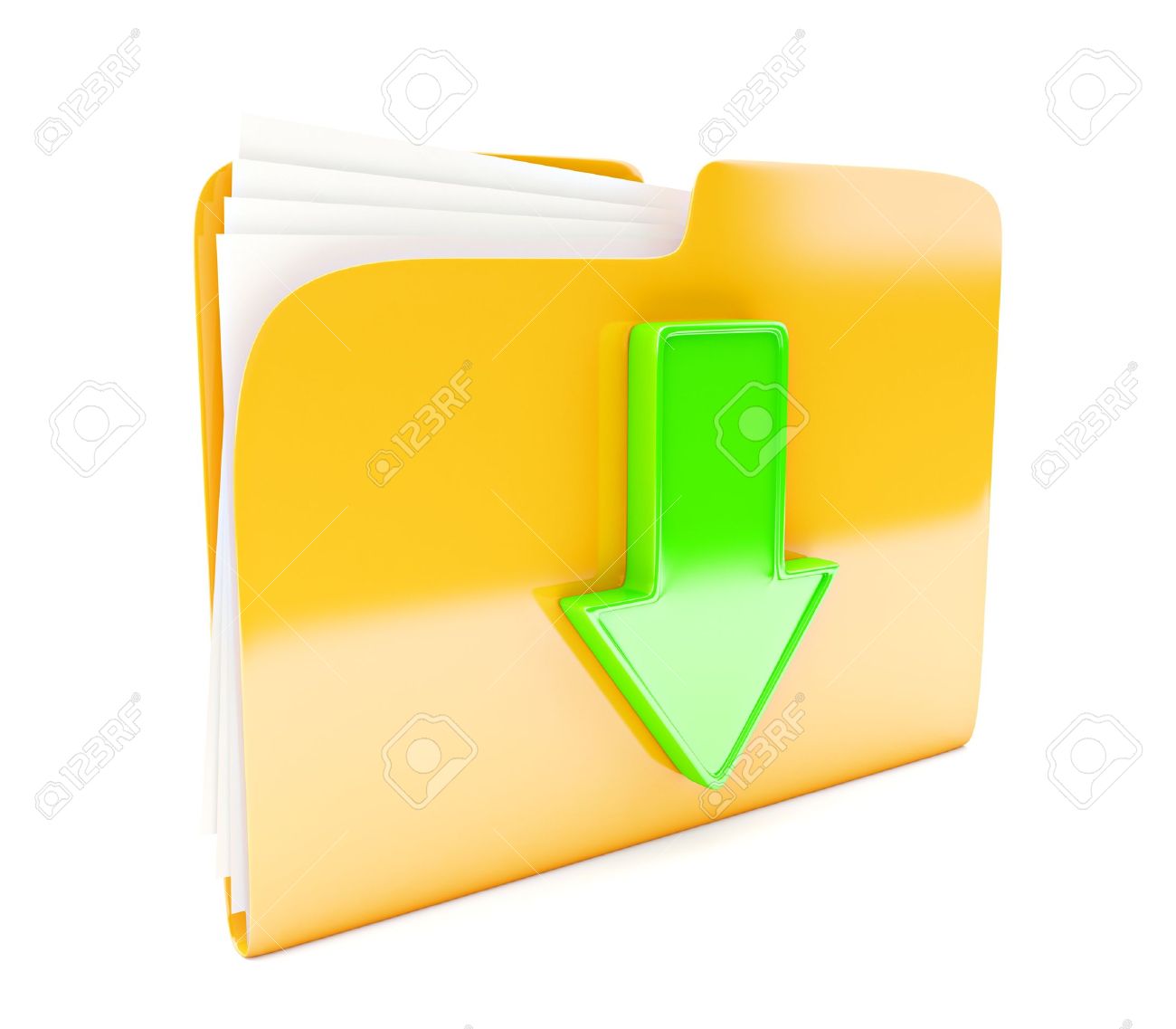 緑の矢印の付いた黄色のフォルダー 3 D アイコン ダウンロード白で隔離される記号 の写真素材 画像素材 Image