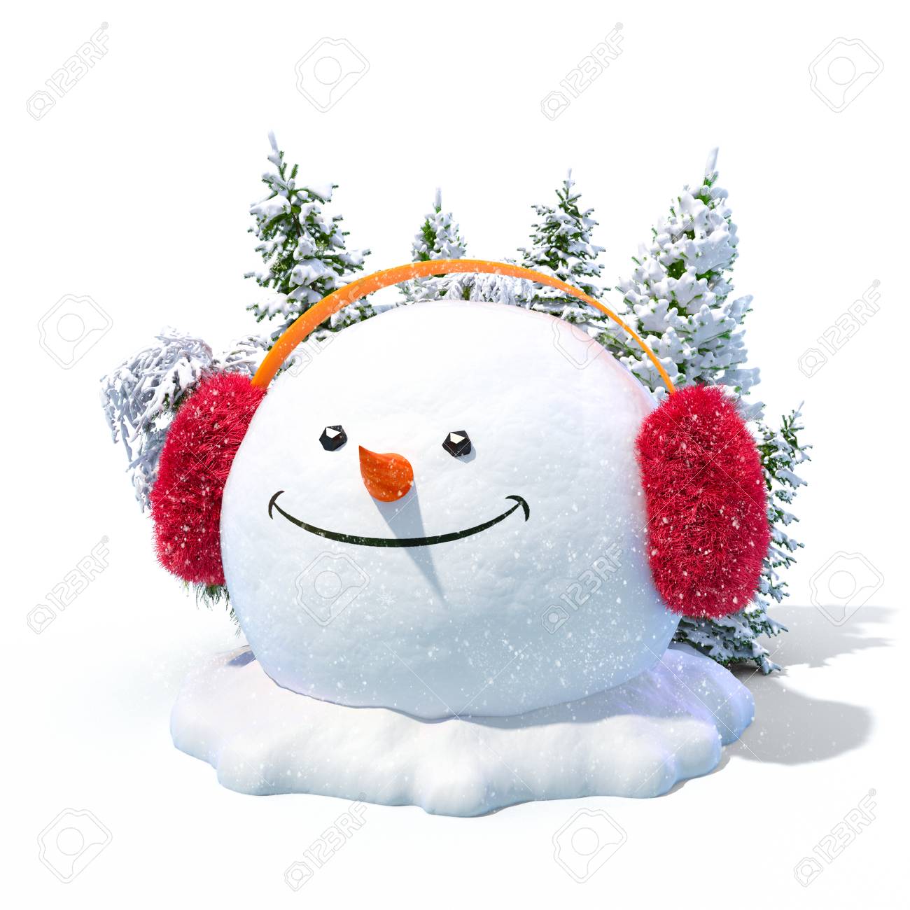 白い背景で雪の吹きだまりに耳あてで幸せな雪だるまの頭 珍しいクリスマス イラスト の写真素材 画像素材 Image