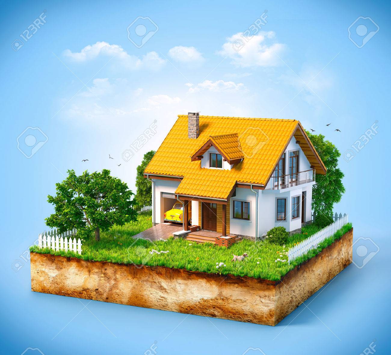 White house on a piece of earth with garden and trees. - 38072942 White house on a piece of earth with garden and trees. - 38072942