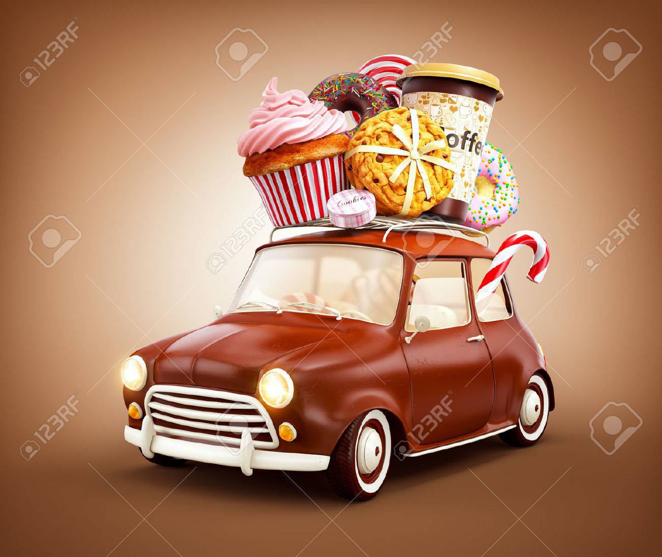 Cute fantastic chocolade car with sweets and coffee on top. - 58485387 Cute fantastic chocolade car with sweets and coffee on top. - 58485387