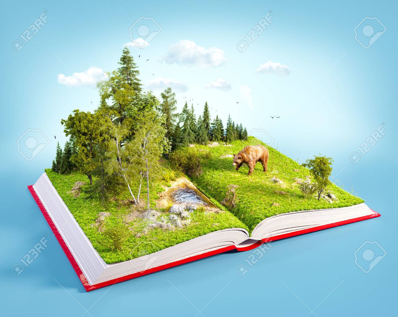 森とクマのページに赤い本を開いた 絶滅危惧種のリスト 珍しい 3 D イラスト の写真素材 画像素材 Image