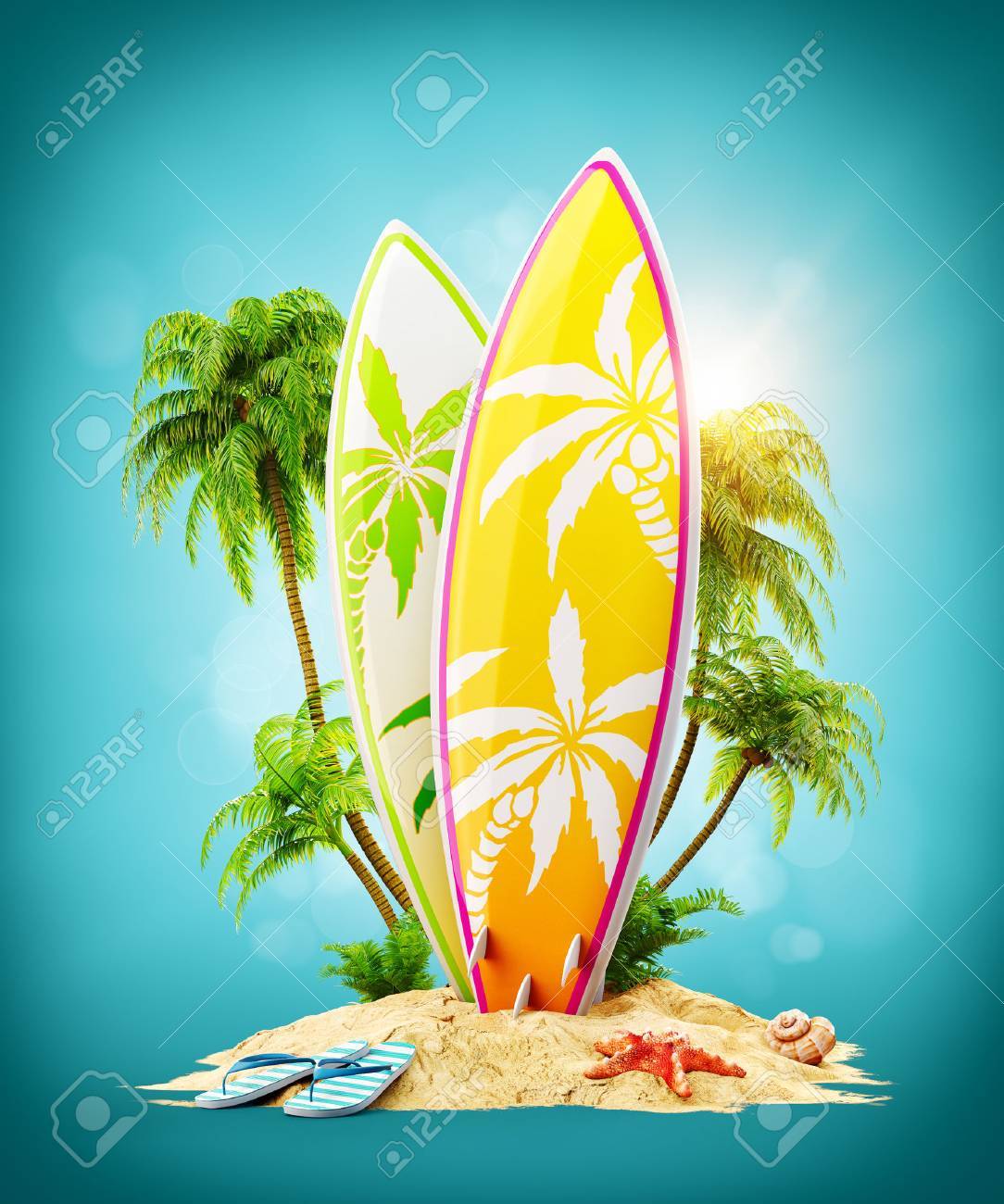 Surf boards on paradise island with palms. Unusual travel 3d illustration. Summer vacation concept - 75251266 Surf boards on paradise island with palms. Unusual travel 3d illustration. Summer vacation concept - 75251266