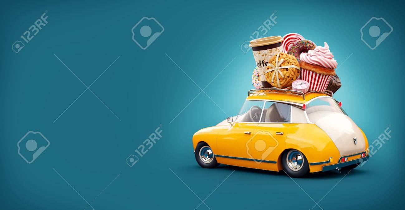 お菓子とコーヒーの上にかわいい幻想的なレトロな車 ペストリーの概念 3 D イラスト の写真素材 画像素材 Image